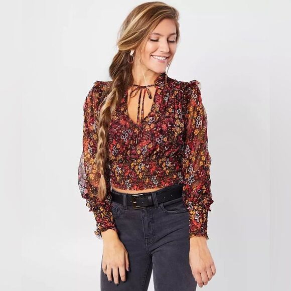 Free People Floral Ruffle Blouse Smocked Semi Sheer XL Feminine - Picture 1 of 13